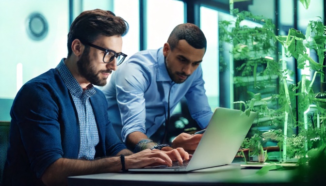 Firefly Technicians with well defined faces working on webservices in a modern eco-friendly office w